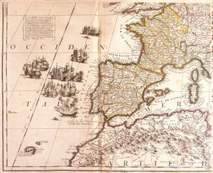 Karte der westlichen Mittelmeerländer: Frankreich, Spanien, Portugal und Nordafrika (Marokko, Algerien, Tunesien), mit den Balearen, Korsika und Sardinien