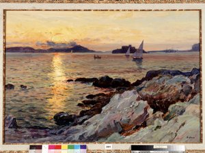 Sonnenuntergang auf Frioul. Gemälde von Jean Baptiste Olive (1848-1936). 20. Jahrhundert. Sammlung Fondation Regards de Provence, Marseille