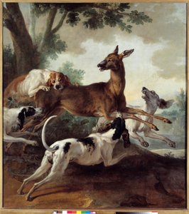 Hirsche von Hunden gejagt. Jagdszene