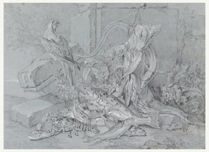 Zeichnung, Stillleben mit Fisch und Papagei, 1740 von Jean Baptiste Oudry