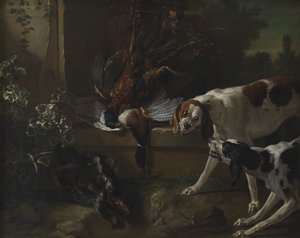 Hunde mit Wildvögeln und Wild