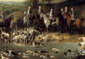 König Ludwig XV. jagt Hirsche im Wald von Saint Germain im Jahr 1730 (Detail) von Jean Baptiste Oudry