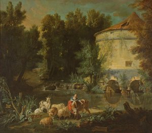 Landschaft mit einem runden Turm, 1737