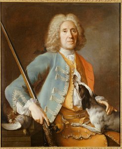 Porträt eines Sportsmanns mit einer Waffe und einem Jagdhund von Jean Baptiste Oudry