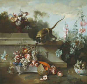 Stillleben mit Affe, Früchten und Blumen, 1724 von Jean Baptiste Oudry