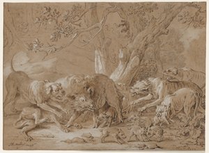 Wilde Sau und ihre Jungen von Hunden angegriffen von Jean Baptiste Oudry