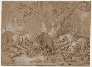 Wilde Sau und ihre Jungen von Hunden angegriffen, 1748