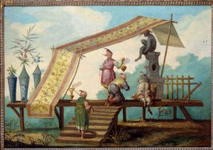 Chinoiserie: Dekoratives Paneel, das ein chinesisches Opfer darstellt. Türbekrönung gemalt von Jean Pillement (1728-1808)