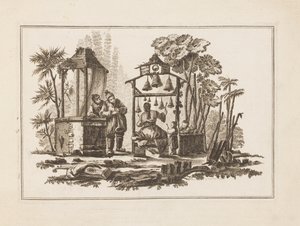Figur, die Glocken spielt, aus "Nouveau Cahier de Six Feuilles De Différents Sujets Chinois Historiés" von Jean Baptiste Pillement