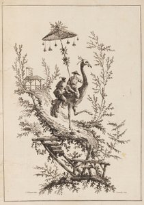 Straußenreiter, Platte aus einem Satz von Chinoiserie-Darstellungen