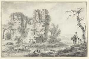 Ruine an einem Fluss mit einem Jungen und einem Mädchen rechts