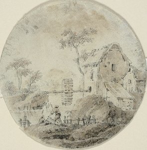Wassermühle mit Figuren am Fluss