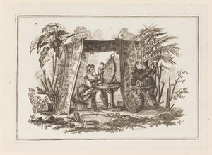 Frauen, die in den Spiegel schauen, aus "Nouveau Cahier de Six Feuilles De Différents Sujets Chinois Historiés" von Jean Baptiste Pillement