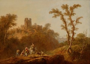 Bewaldete hügelige Landschaft mit Bauern von Jean Baptiste Pillement