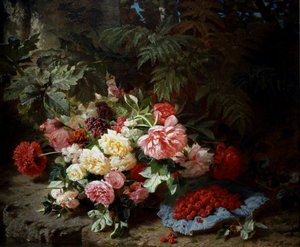Stillleben mit Rosen und Himbeeren