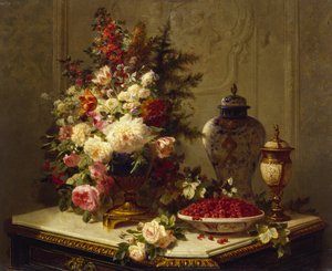 Stillleben mit Blumen und Himbeeren