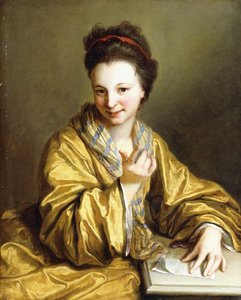 Eine junge Dame, die ein gelbes Gewand trägt, sitzt an einem Tisch und winkt, 1703 von Jean Baptiste Santerre