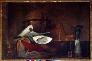 Allegorie der Wissenschaft. Stillleben, Globus, geografische Karten, Bücher und Vase. Gemälde von Jean Baptiste Simeon Chardin (1699-1779) 18. Jahrhundert Paris, Musée Jacquemart André von Jean Baptiste Simeon Chardin