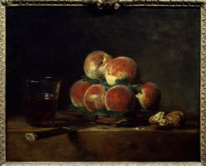 Korb mit Pfirsichen, Nüssen, Messer und Weinglas. Gemälde von Jean Baptiste Simeon Chardin (1699-1779) 1768. Paris, Louvre Museum von Jean Baptiste Simeon Chardin