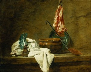 Rüben, eine Gewürzdose, ein Geschirrtuch, ein Topf, ein glasierter Tonkrug, ein Schaumlöffel, mit Fleisch an einem Haken, auf einem Sims, 1734