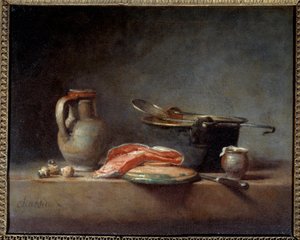 Kupfertopf, Schöpflöffel, Krug und Lachsscheibe