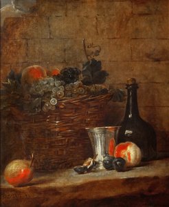 Obstkorb mit Trauben, einem Silberkelch und einer Flasche, Pfirsiche, Pflaumen und eine Birne von Jean Baptiste Simeon Chardin