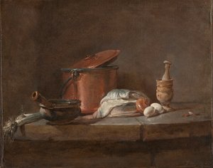 Küchenutensilien mit Lauch, Fisch und Eiern, ca. 1734