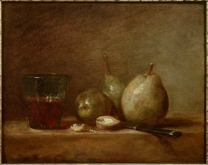 Birnen, Nüsse und ein Glas Wein. Stillleben von Jean Baptiste Simeon Chardin