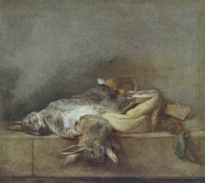 Stillleben mit Kaninchen, einem Jagdsack und einem Pulverhorn, ca. 1755