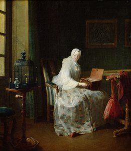 Die Vogelorgel oder Eine Frau, die ihre Vergnügungen variiert, 1751 von Jean Baptiste Simeon Chardin