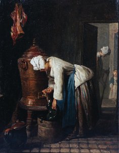 Frau schöpft Wasser am Zisternenbrunnen