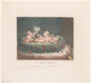 Vier Putti mit zwei Tauben in einem Rosenkörbchen auf einem Kissen von Jean Baptiste Verite
