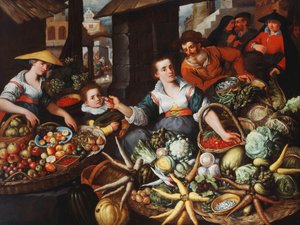 Ein Obst- und Gemüsestand auf einem Stadtmarkt