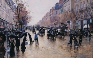 Boulevard Poissonnière im Regen, um 1880 von Jean Beraud