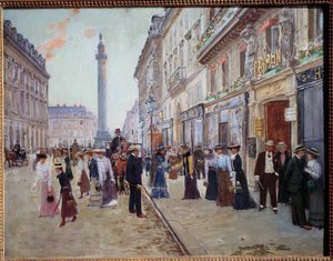 Ausgang der Arbeiter aus dem Paquin-Haus in der Rue de la Paix (Place Vendome mit der Säule) von Jean Beraud
