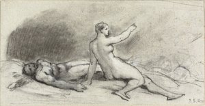 Sitzende nackte Frau mit schlafendem nackten Mann (recto); weiblicher Torso von hinten gesehen (verso)