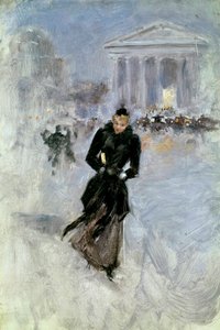 Junge elegante Frau mit Boa in der Rue Royale in Paris. Gemälde von Jean Béraud. Tours, Musée des Beaux Arts von Jean Beraud