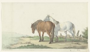 Ein braunes und weißes Pferd auf einem Weg neben einem Zaun von Jean Bernard