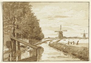 Landschaft mit einem Kanal und zwei Mühlen von Jean Bernard