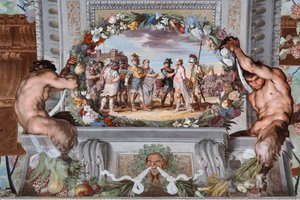 Acete, von zwei Soldaten gefangen gehalten, erzählt Pentheus und seinen Kriegern die Taten des Bacchus