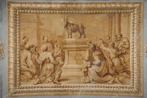 Falsches vergoldetes Relief, mit der Ziege auf dem historischen Altar und umgeben von anbetenden Figuren