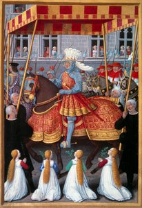 Der triumphale Einzug von König Ludwig XII. in Genua im April 1507. Miniatur aus Le voyage à Gênes von Jean Marot, illuminiert von Jean Bourdichon