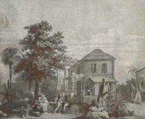 Familienzeit, Tapetenpaneel aus der Serie "Paul et Virginie", von Dufour & Cie, ca. 1823 von Jean Broc