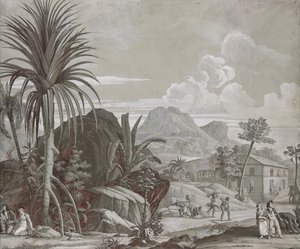 Aufbruch zu einem Spaziergang, Tapetenpaneel aus der Serie "Paul et Virginie", von Dufour & Cie, um 1823