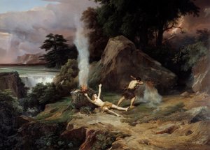 Abel Kains Tod, eifersüchtig, tötet seinen Bruder Abel. Gemälde von Jean Charles Remond (1795-1875) 1838