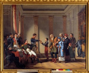 Wohltätigkeit von Kaiser Napoleon I. während der polnischen Kampagne im Januar 1807: Kaiser gibt eine Pension von hundert Napoleon an Nerocki, 117 Jahre alt