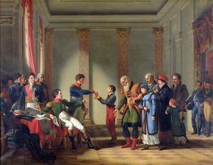 Napoleon Bonaparte (1769-1821) gibt dem Polen Nerecki, 117 Jahre alt, eine Pension von hundert Napoleon, Januar 1807, 1812