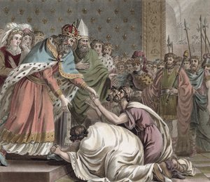 Karl der Große (742-814) empfängt die Botschafter des Kaisers des Ostens, graviert von Jean Baptiste Morret, 1789