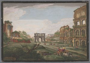 Ansicht der Ruinen des Konstantinsbogens und des Kolosseums in Rom von Jean Daullé