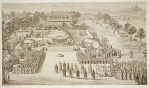 Der Kaiser Qianlong empfängt die Huldigung der besiegten Eleuths (Tartar Kalmucks), Platte 2 aus einer Serie von Drucken, die die Eroberungen des Kaisers von China darstellen, graviert von Jacques Philippe Le